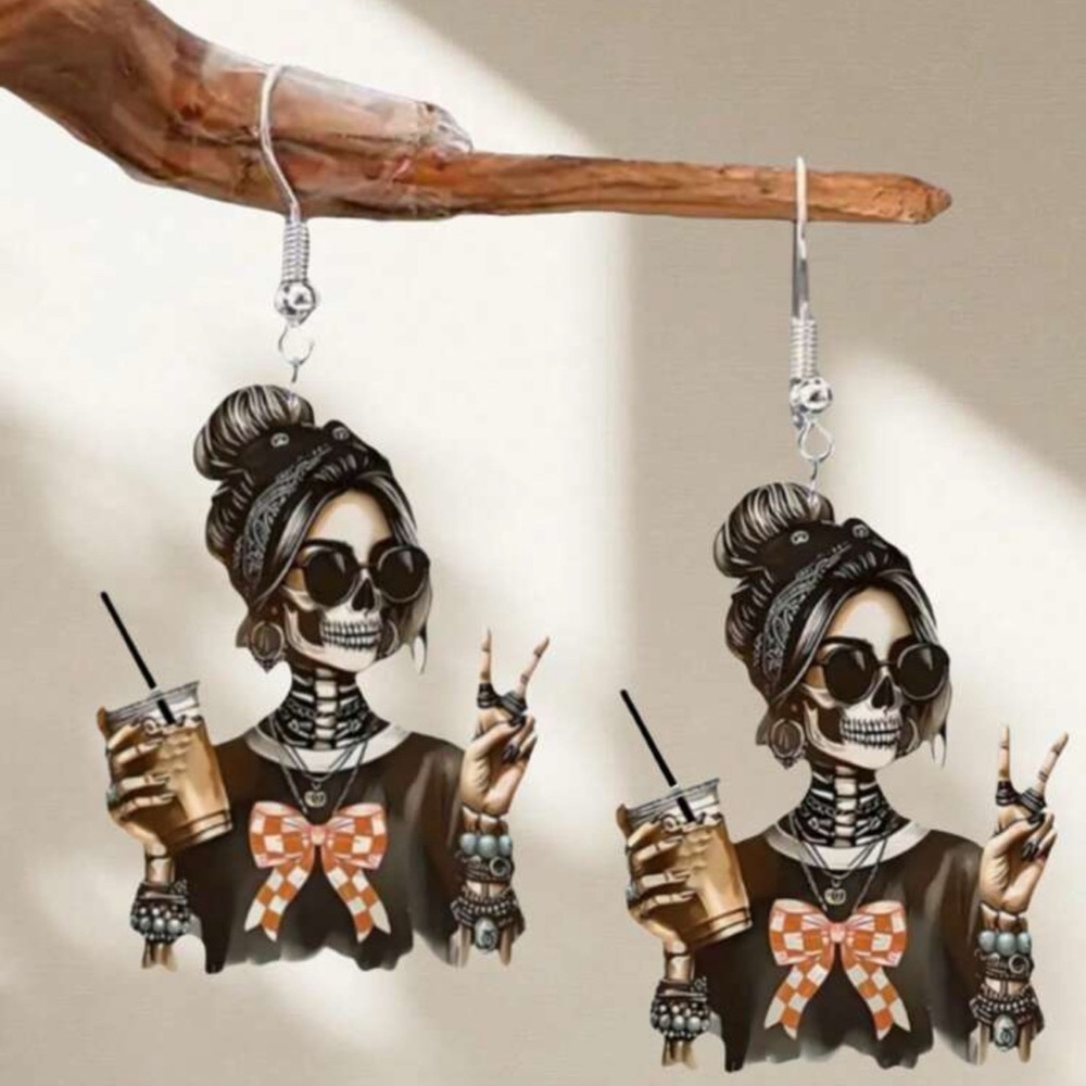 TIL death do us part coffee lover Skeleton Earrings with Orange Accents